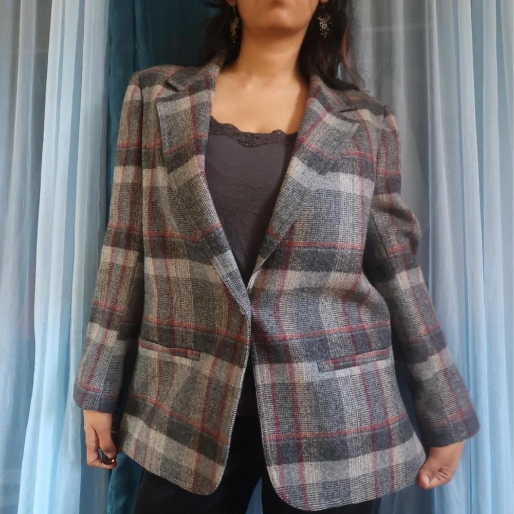 80s Plaid Wool Blazer Jacket